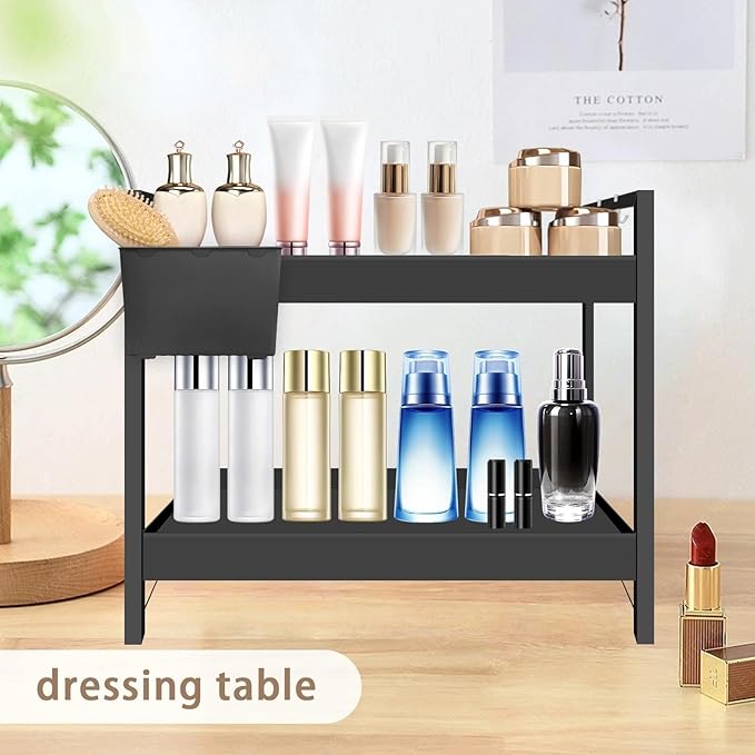 Bathroom Counter Organizer with Basket & Hooks, 2 Tier Bathroom Organizers and Storage for Perfume, Cologne or Spice, Black Countertop Organizer for Vanity, Kitchen, Office or Under Sinks