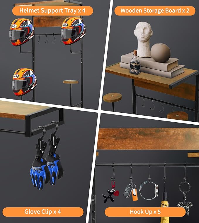 Motorcycle Helmet Rack Wall Mount, Retro Rust Helmet Holder with Wood Floating Shelf and Hooks for Storage