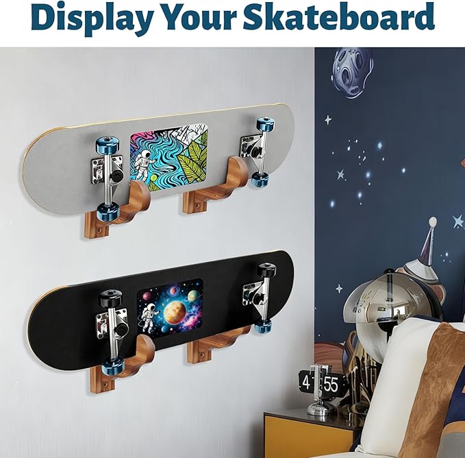 Skateboard Wall Mount, Wooden Horizontal Skateboard Rack Wall Hanger Display and Storage