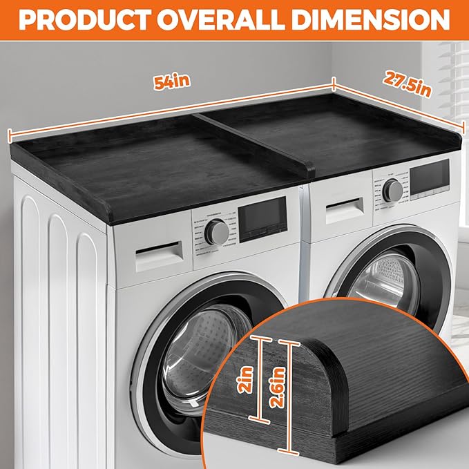 Washer Dryer Countertop, Wooden Laundry Countertop Set of 2 Dryer Storage Shelf for Laundry Room Organization (27.5" x 54") (Black)