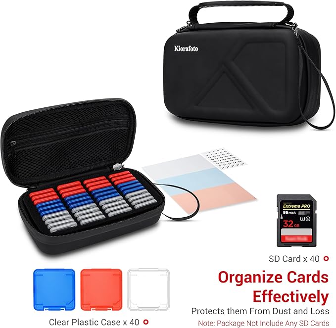 EVA PU SD Card Case with 40 PCS Individual Plastic Memory Card Holder for 40 SD SDXC SDHC Cards,Dual Protect Water-Resistant Anti-Shock SD Card Carrying Case Organizer with Handle & Labels