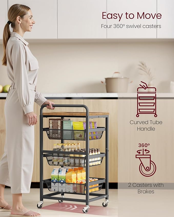VASAGLE Storage Cart with Pull-Out Baskets, 4-Tier Kitchen Cart with Wheels, Handle, 12.5 x 15.8 x 29.9 Inches, Rustic Brown and Ink Black ULRC040K01