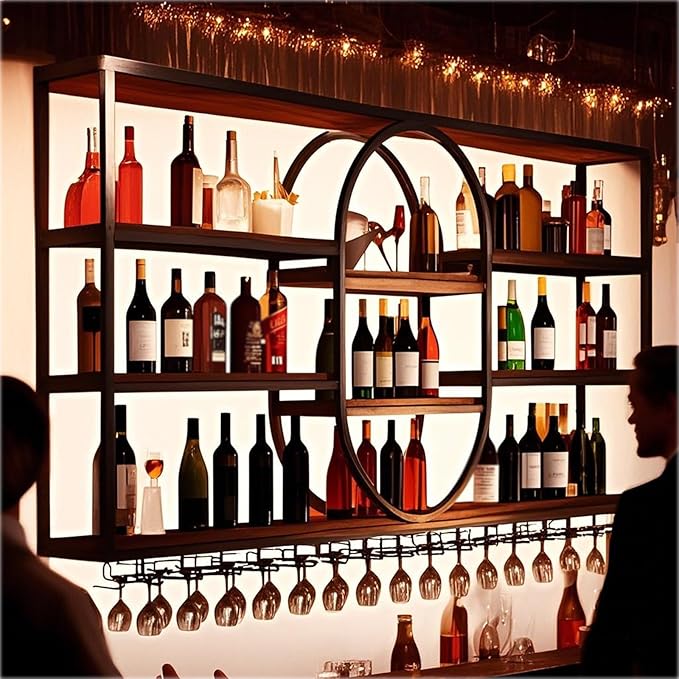 Large Wall Mount Wine Rack, Metal 4 Tier Large Capacity Hanging Bar Rack with Wine Glass Holder, Oval Wine Bottle Storage Display Rack for Kitchen, Living Room, Home (Black, 180cm/71in)