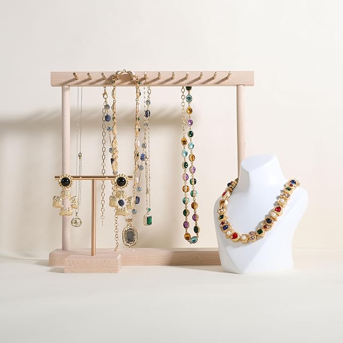 GemeShou earrings T display stands for selling, small earring holder jewelry stand with 4 holes on bar, wood earring hanger for boutique display【Beech】