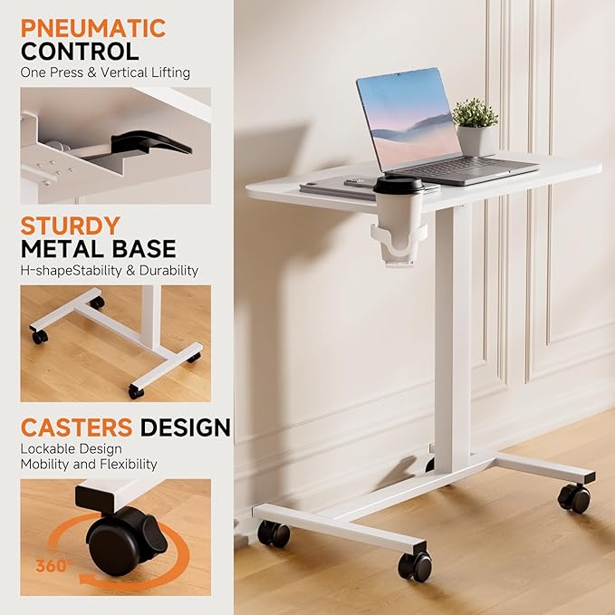 COMHOMA Adjustable Overbed Bedside Table with Lockable Wheels, Pneumatic Mobile Standing Laptop Desk, Small Standing Desk Portable Rolling Overbed Table Hospital Home Use(28" W x 16" D, White)
