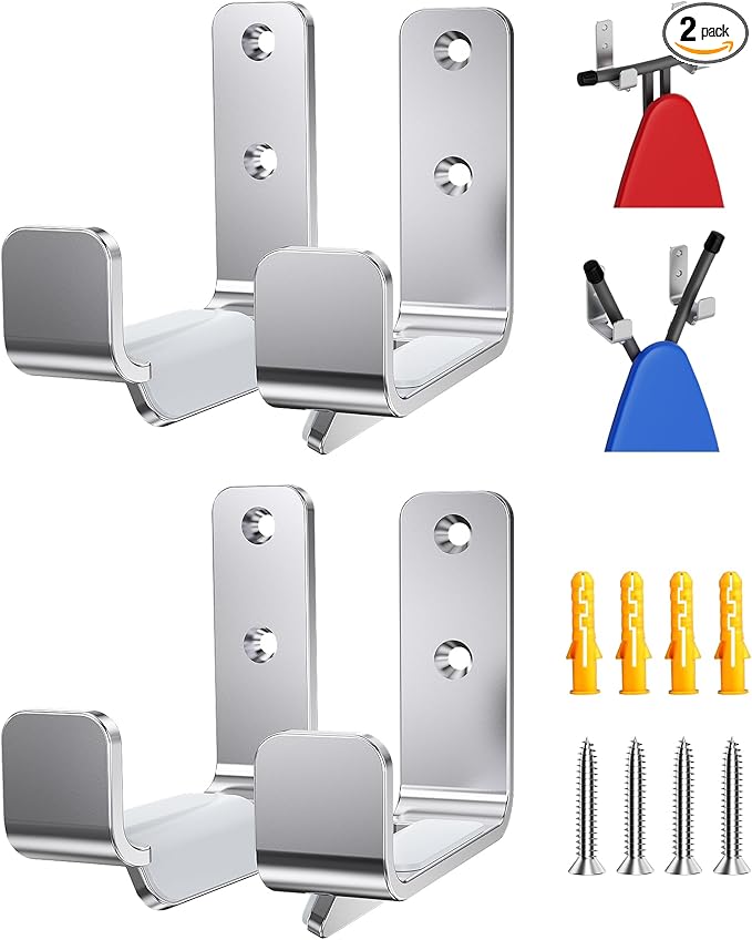 2PCS Ironing Board Wall Hook Modern Wall Mount Ironing Board Hanger for Laundry Rooms Rack Hanging Shelf Hanger Stainless Steel,Silver