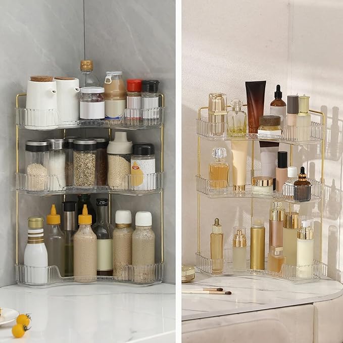 Corner Bathroom Countertop Organizer, Vanity Trays for Counter, Makeup Organizers, Perfume Tray, Kitchen Spice Rack, (Clear, 3 Tiers)
