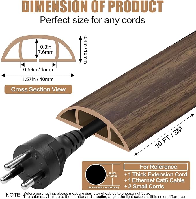 Floor Cord Cover Self Adhesive Cord Hider,10FT Cable Management, Extension Strip Protector for Wires, Prevent Cable Trips for Offices, Gyms, Exhibitions Cavity:0.51"(W) x 0.3"(H) Wood Walnut