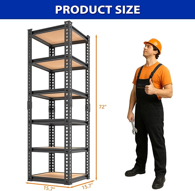 Karl home 6-Tier Metal Shelving Unit, Heavy Duty Shelf Organizer & Storage Rack,Adjustable Height Storage Shelve, Black Metal & Natural Wood Display Shelf for Garage, Kitchen, Pantry