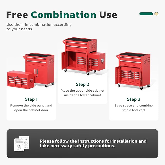 Greenvelly Tool Chest, 8-Drawer Rolling Tool Chest with Hooks and Lockable Wheels,Metal Storage Detachable Top Tool Box with Lockable Wheels for Garage,Workshop,Art Studio(Red)