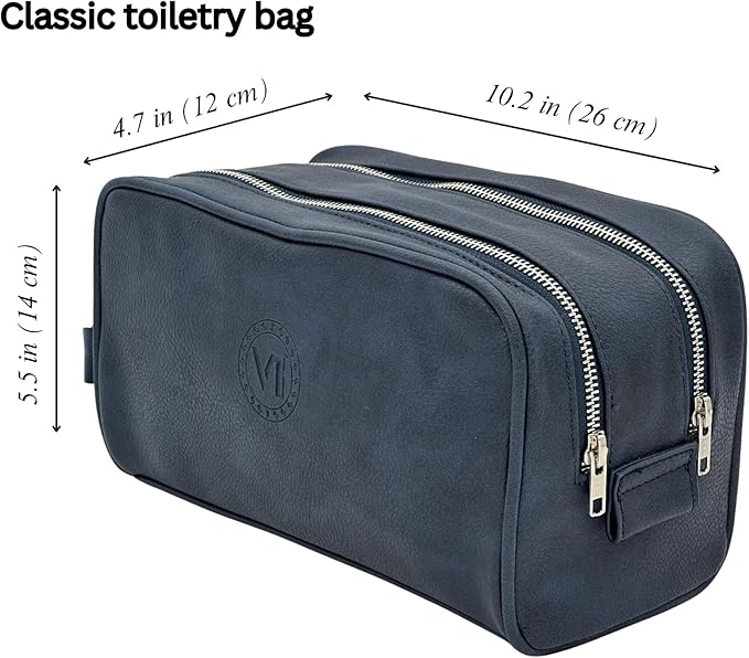 Dopp Gift Large Travel Toiletry Bag Premium Quality PU Leather Two compartments YKK Zippers Water-resistant Bottom Studs Mesh Pockets Durable Cosmetic Organizer NAVY BLUE