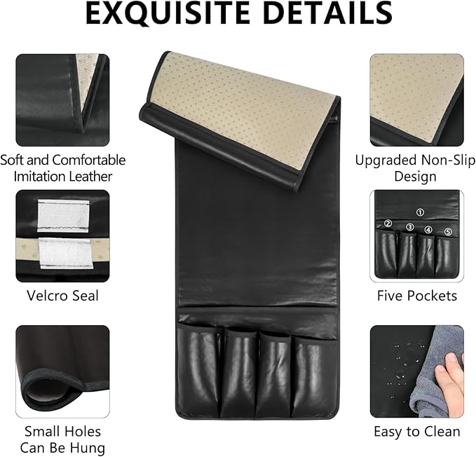 Non-slip Couch Organizer Armchair Caddy, Artificial Leather TV Remote Control Holder Bedside Caddy with 5 Pockets for Key Glasses Phone Magazine Holders (Black faux leather, 35"x12.4")