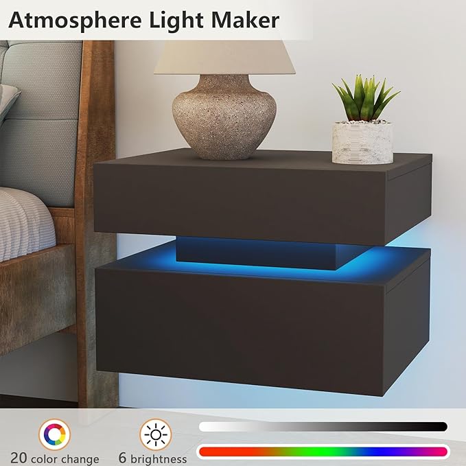 Vibe & Dine Floating Nightstand Set of 2, Wall Mounted Night Stand with Led Lights, Modern Bedside Tables with Drawers for Bedroom, Easy Assembly, Black