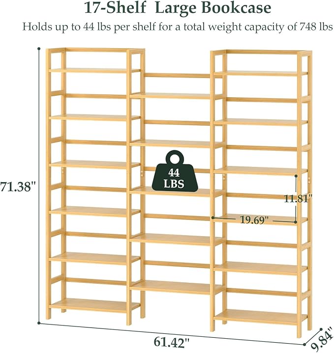 Homykic Bamboo Triple Wide Bookshelves and Bookcases, 6-Tier Shallow Open Bookcase with 17 Display Shelves, 6ft Super Large Freestanding Book Shelf for Home Office, Bedroom, Living Room