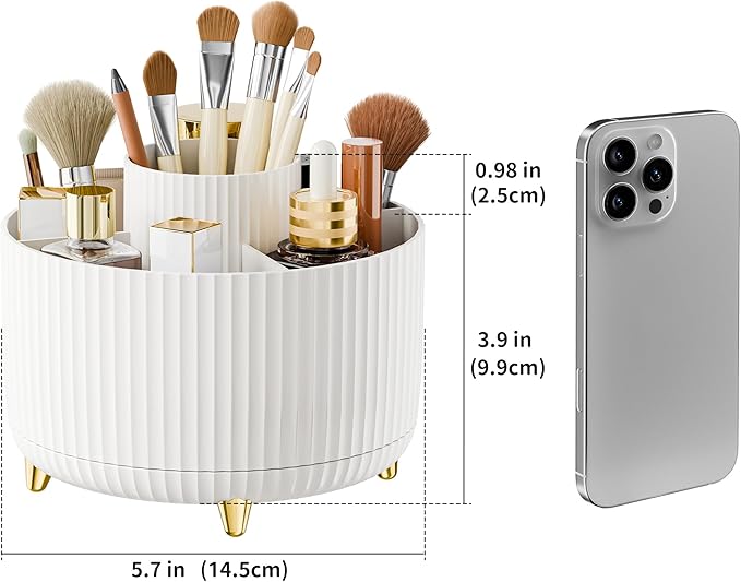 360° Rotating Desktop Women Brush Holder Organizer, Makeup Organizers Countertop,Makeup organization and Skincare Storage for Vanity, Desktop, Bathroom (White-1)