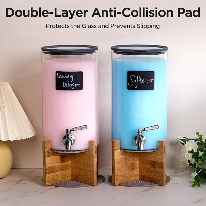 Glass Laundry Detergent Dispenser with Holder,1.1 Gallon Laundry Liquid Dispensers with Stainless-Steel Tap,Large Glass Fabric Softener Containers with Stand for Laundry Room Organization