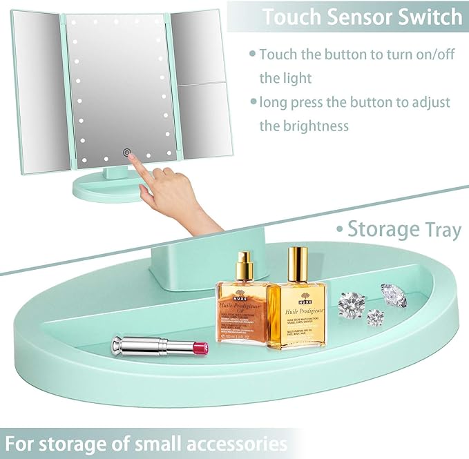 Tri-fold Lighted Vanity Makeup Mirror with 3x/2x Magnification,21 LEDs Light and Touch Screen,180 Degree Free Rotation Countertop Cosmetic Mirror,Travel (Green)