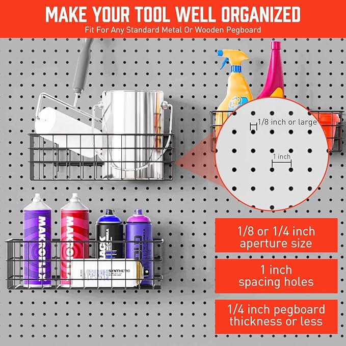 HORUSDY Peg Board Bins and Baskets | 4 Pack | Square Style 4 Size Pegboard Baskets and Pegboard Bins for Organize Workbenches, Accessories