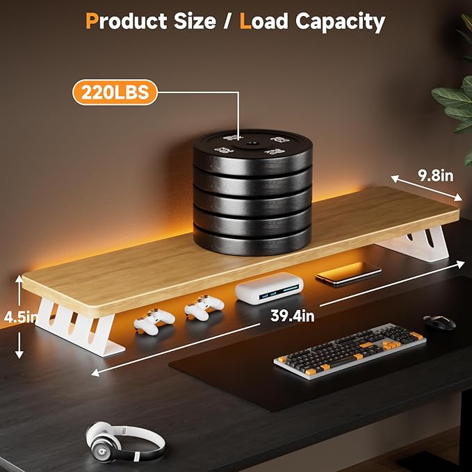 Dual Monitor Stand Riser, 39 Inch Large Wood Monitor Stands for 2 Monitors, Desk Monitor Riser for Computer/Laptop/Printer/TV, Stand Riser up to 220 lbs