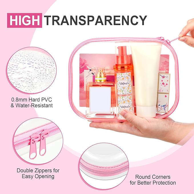 Sanwuta 6 Pcs Clear Hard Zipper Case Hard Plastic Zipper Pouches Transparent Makeup Bag Pencil Pouches for Travel Snacks Christmas Trinket Storage Organizer Box(Pink,7.87 x 5.9 x 2 Inch)