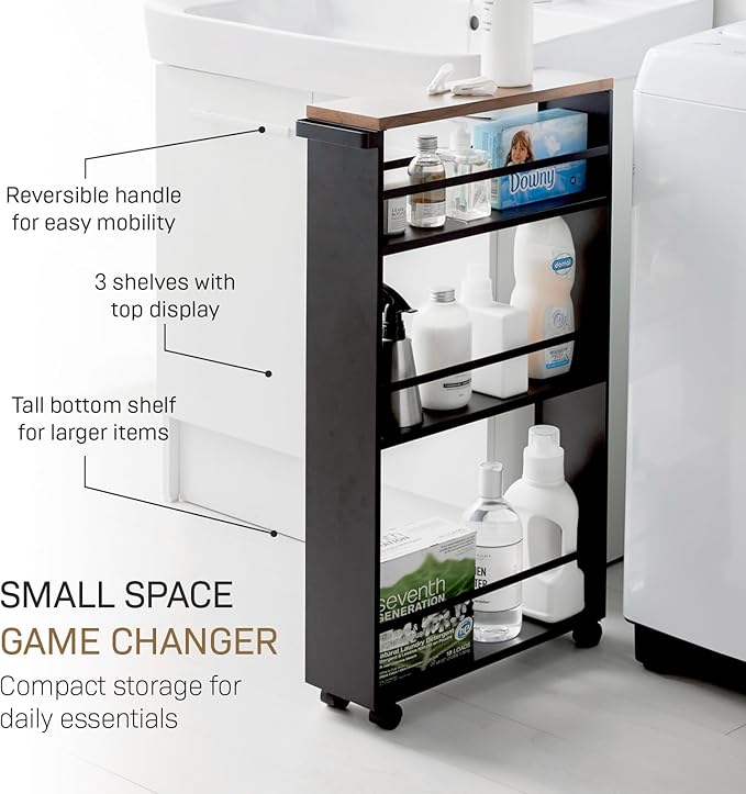 YAMAZAKI home Tower Rolling Slim Storage Cart With Handle Black