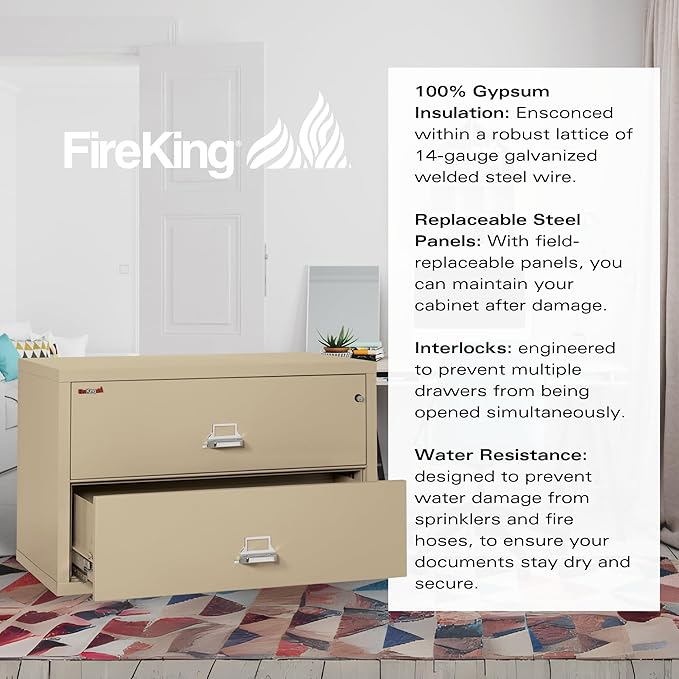 FireKing Fireproof Lateral File Cabinet (2 Drawers, Impact Resistant, Water Resistant), 27.75" H x 44.5" W x 22.13" D, Parchment