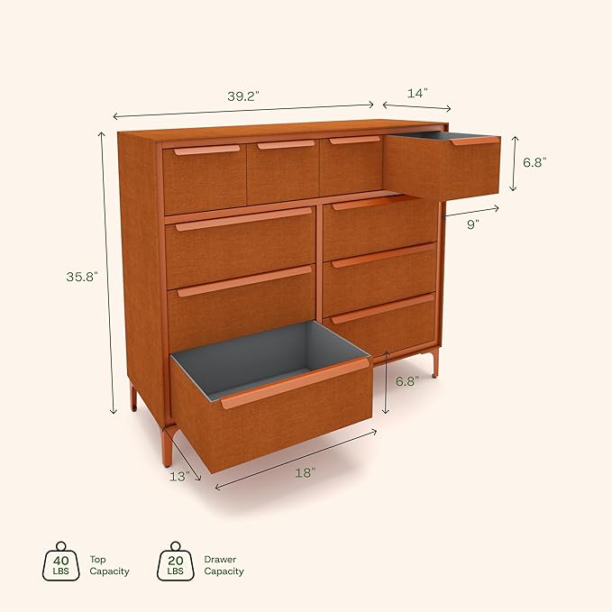 Naima Premium Fabric Dresser - Strong Metal Frame, 10 Spacious Sag-Proof Drawers with Sleek Metal Handles - Premium & Durable Storage Solution for Your Home (Orange)