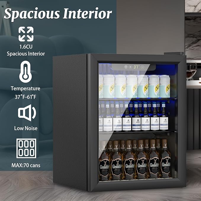 Mini Fridge 70 Can Beverage Refrigerator, 1.7 Cu.Ft Drink Fridge with Reversible Glass Door for Soda Wine Beer, Adjustable Temperature Control for Home Office Bar, Black(37-61 ℉)