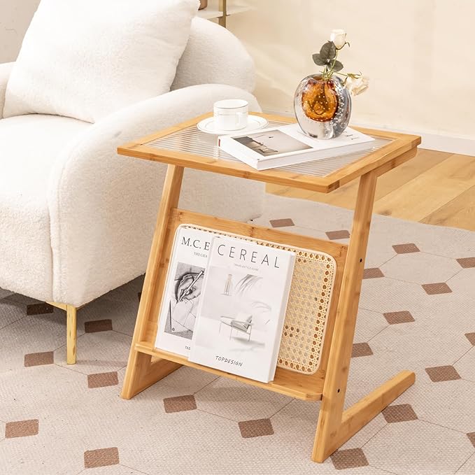 GOFLAME Rattan Side Table, Z-Shaped End Table with Magazine Rack, Bamboo Sofa Side Accent Table with Glass Top, Small Boho Nightstand, Bedside Table for Small Space, Living Room, Bedroom