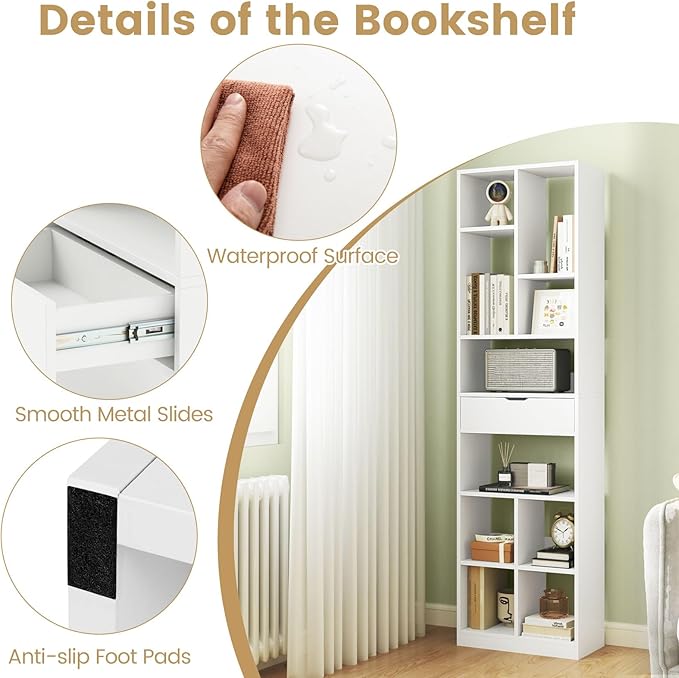 Giantex 71" Bookcase with Drawer Set of 2, Tall Freestanding Bookshelf with 10 Open Cubes, Floor Display Shelving Unit, Modern Storage Organizer for Living Room, Bedroom, Study, White