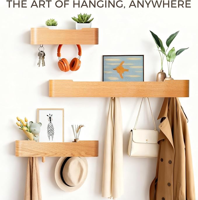 Wall Coat Rack Floating Shelves Modern Coat Rack Wall Mount with Storage Entryway Shelf Wooden Hanger 20 Inch 4 Hidden Metal Hooks for Living Room Bedroom (Oak, 4 Hooks)