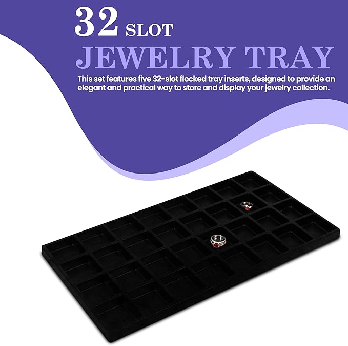Novel Box 5 Pack 32-Slot Black Liner Jewelry Storage Tray Inserts 14.75x8.25x1 Inches - Jewelry Organizer Pad for Drawers & Store Displays - Jewelry Display Pads for Rings Earrings & Pendants