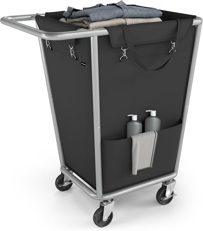 SONGMICS Laundry Basket with Wheels, 34.3 Gallons (130 L) Rolling Laundry Hamper with Removable Bag, Heavy-Duty Steel Frame, Ink Black URLS008B01