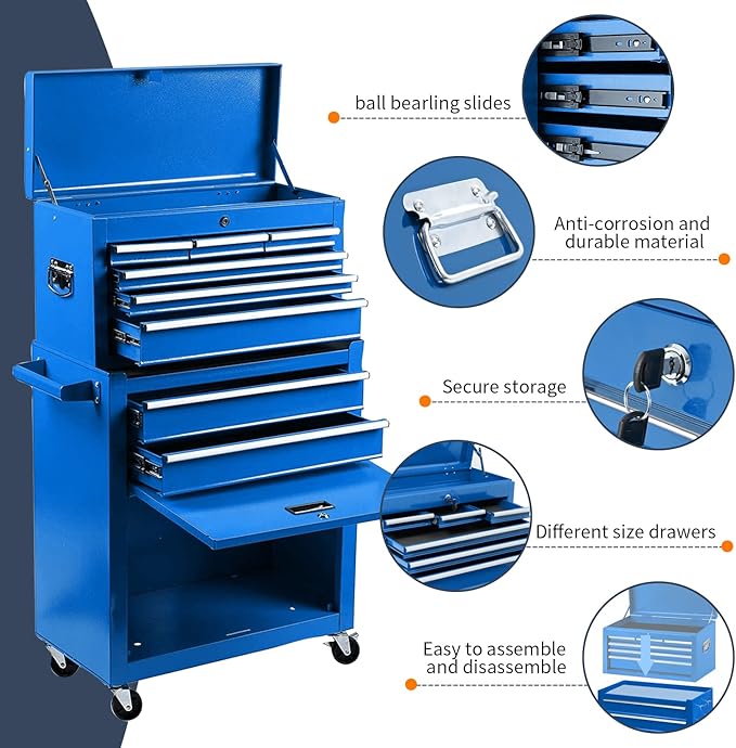 8-Drawer High Capacity Rolling Tool Chest, Removable Cabinet Storage Tool Box with Wheels and Drawers, Detachable Toolbox with Lock for Workshop Mechanics Garage