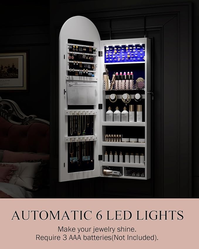 Jewelry Cabinet Organizer with Mirror, 47 inch Lockable Full-Length Mirror Jewelry Armoire Hanging Door/Wall Mounted with 6 LEDS, Arched Framed Mirror Cabinet with Storage, Gift for Women, White