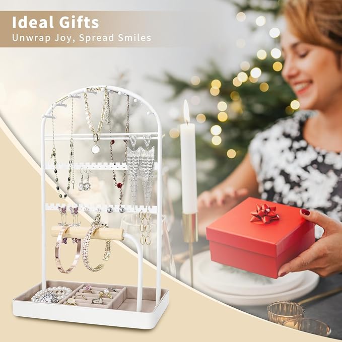 Multi-Functional Jewelry Holder Organizer Necklace Display Stand Velvet Lined Bar for Rings 2 Tier with 18 Hooks, 32 Earring Holes - Sturdy and Durable, Easy Organization White