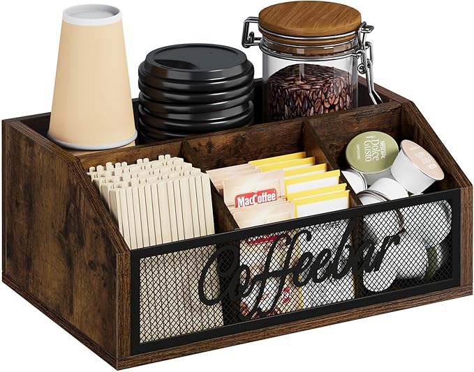 YINMIT Coffee Station Organizer for Countertop, Wood Coffee Bar Organizer with Removable Dividers for Pods, Syrup, Cups, Stirrer, Tea - Office Coffee Bar Accessories