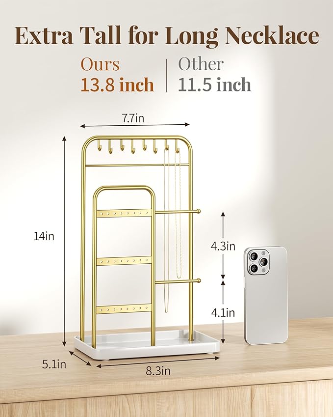 pickpiff Jewelry Holder Stand: Jewelry Display for Necklace, Bracelet, Earring, Ring, White & Gold