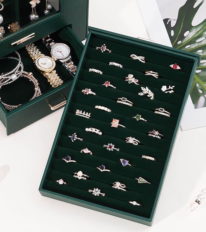 Homde Jewelry Organizer with Transparent Window Necklace Hooks Gift for Women Jewelry Box Display Case for Necklaces Rings Earrings Bracelets and Other Accessories (Forest Green)