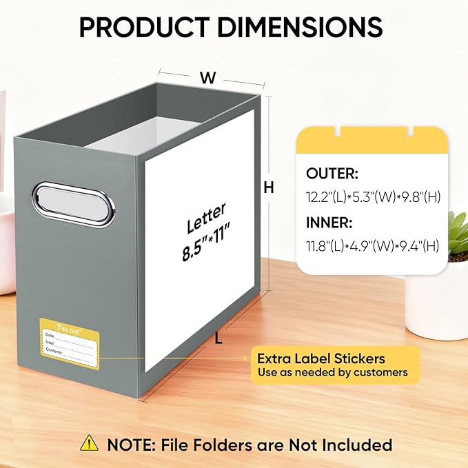 BALEINE File Organizer Box, Cardboard File Folder Organizer with Handle for Letter Size, Portable Collapsible Hanging Filing Box for Home Office Document Storage (4 Pack, Grey)