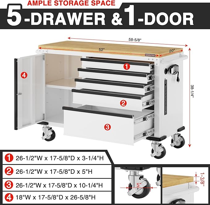 WORKPRO 52" x 20" 5-Drawer & 1-Door Rolling Tool Chest, Heavy Duty Tool Chest with Wheels, Power Strip, Locking System, Rolling Cabinet for Garage, Home & Kitchen, 1000 lbs Capacity