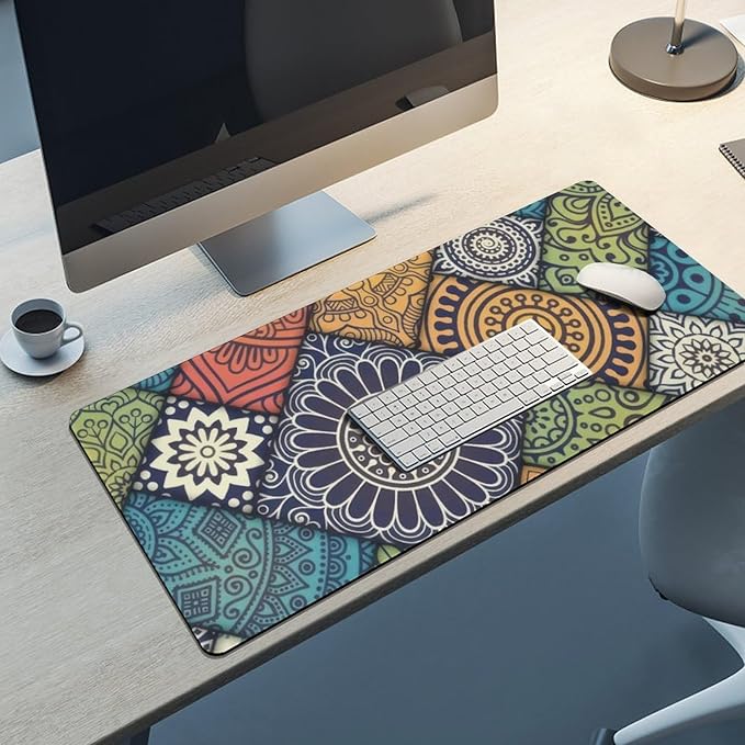 Bohemian Mandala Tile Large Mouse Pad, Vintage Aesthetic Gaming Desk Mat, XXL Keyboard Desk Pad Mat for Desktop, 35.4"x15.7" Non-Slip Base Big Mousepad with Stitched Edges
