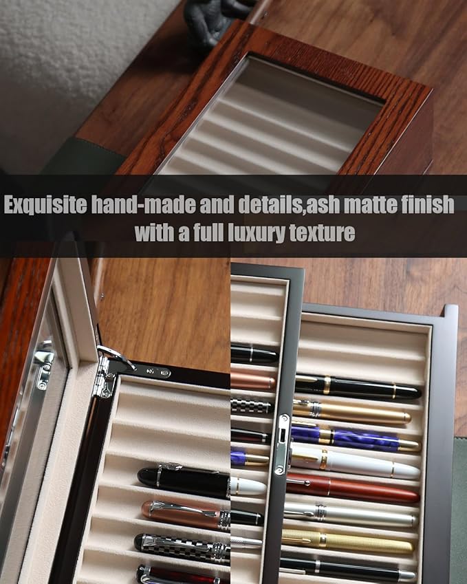 wood pen display case 36 slot Fountain pen Box storage Organizer with drawer, Top Glass Window Pen Collection Display Case
