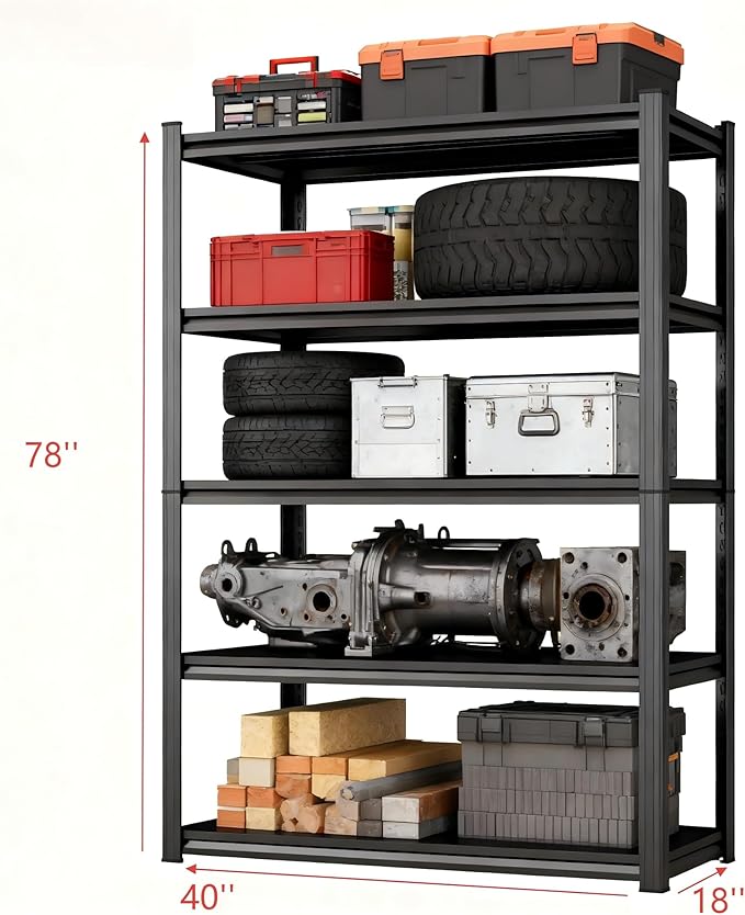 Metal Garage Shelving Unit ,5-Tier Garage Storage Shelves Heavy Duty 40''W*18''D*78''H，Adjustable 3020 lbs Shelf, Upgraded Reinforced Double-Layer Columns for Basement Kitchen Laundry room Pantry Rack