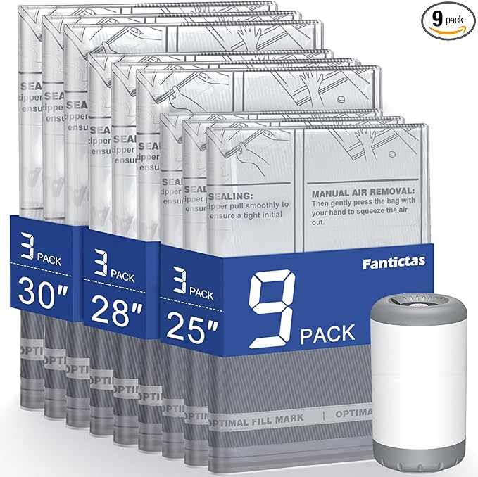 Travel Vacuum Storage Bags with Rechargeable Air Pump, 9 Pack Portable Space Saver Bags, Compression Bags for Clothing, Bedding, Seasonal Storage & Packing Bags for Moving