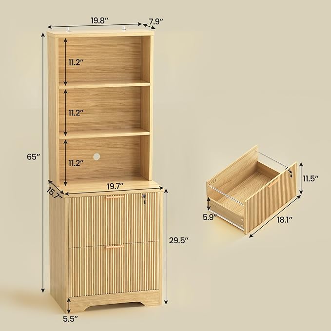 SEDETA 2 Drawer File Cabinet with Lock, Wood Filing Cabinet fits Letter, Legal, A4 Size, Hanging File Folders, Farmhouse File Cabinets for Home Office with Adjustable Storage Shelf, Natural Oak