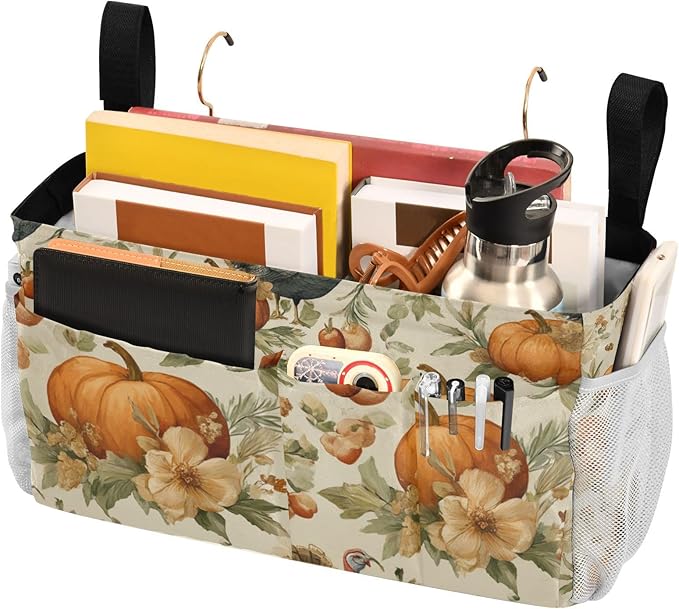 Thanksgiving Turkeys Pumpkin Beige Bedside Caddy for Dorm Bed Bedside Hanging Caddy Bag Iron Frame Storage Organizer Pocket for Bunk Home College Hospital Beds 2 Hooks