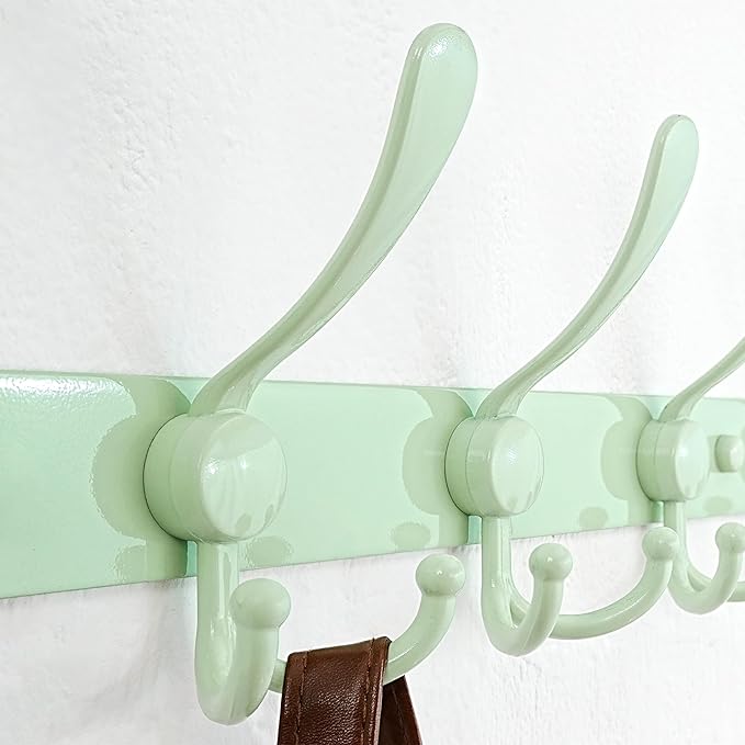 Dseap Coat Rack Wall Mount - 38” Long 10-Tri-Hooks Heavy Duty Coat Hanger Rail Wall Hooks for Hanging Coats Hats Clothing Clothes Purse Mudroom Entryway, Green