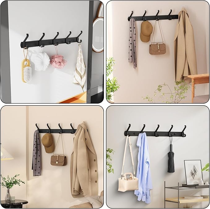 2 Pack Coat Rack Wall Mount,17.3 in Wall Hooks for Hanging, Coat Hanger Wall Mount Towel Rack Hat Rack for Wall with 10 Hooks for Entryway, Bedroom, Bathroom (Black)