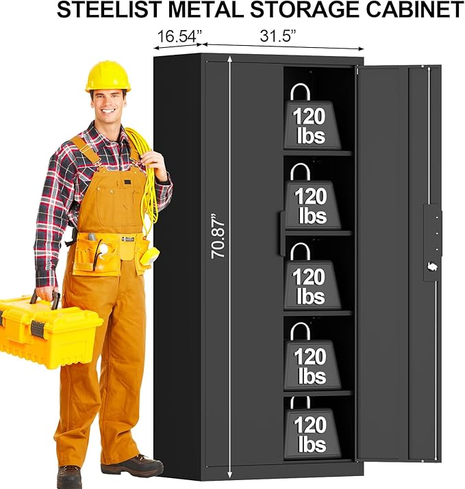 Metal Garage Storage Cabinets, 71" H Black Storage Cabinet for Basement, Heavy Duty Organizer with Adjustable Shelves, Locking Cabinet with 2 Keys, Tall Garage Organizer for Tools